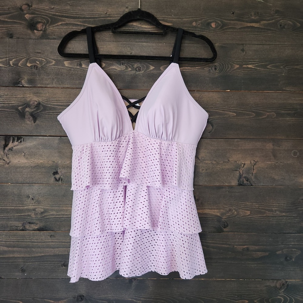 Swim by Cacique Lavender Purple Tiered Eyelet Ruffle Tankini Top Size 18
